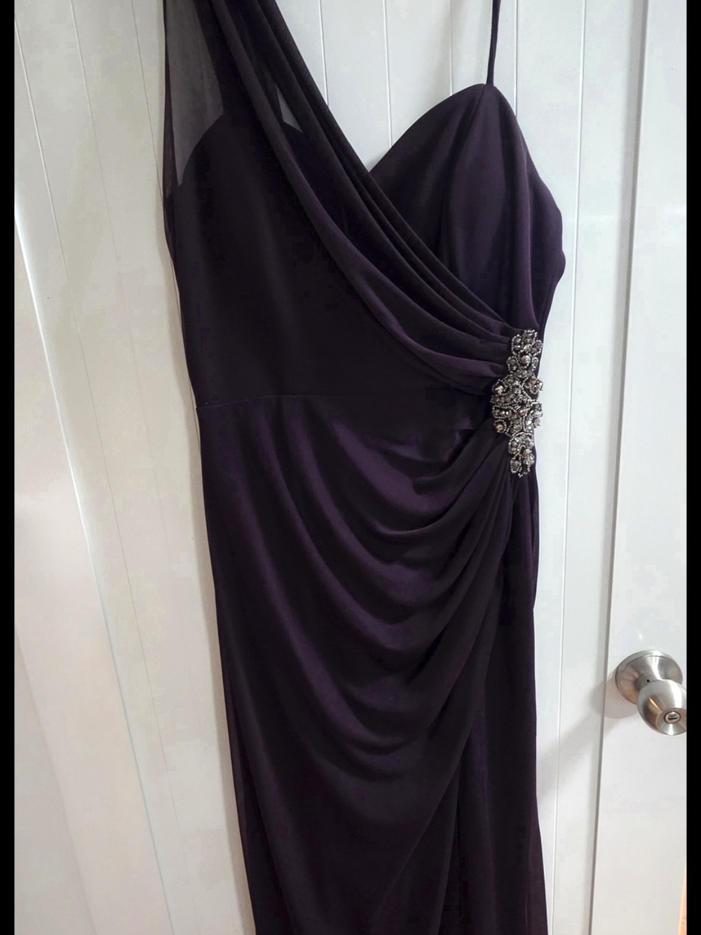 Xscape Deep Purple Draped Maxi Dress with Jeweled Waist